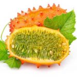 Ripe sliced kiwano fruits isolated on white
